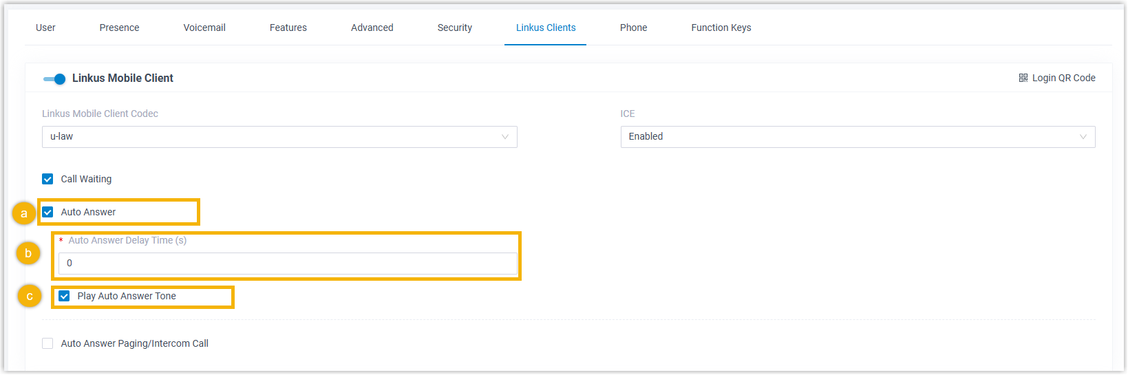 Cloud Voice, auto answer options on an extension's app settings