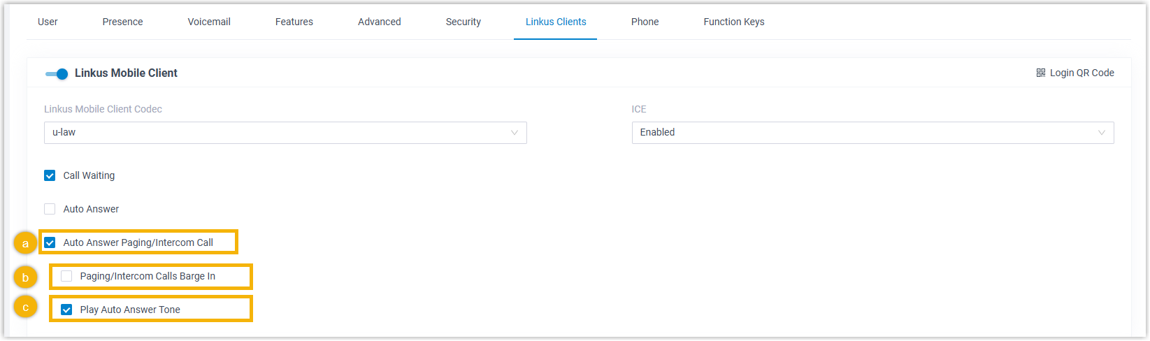 Cloud Voice, paging and intercom auto answer options on an extension's app settings