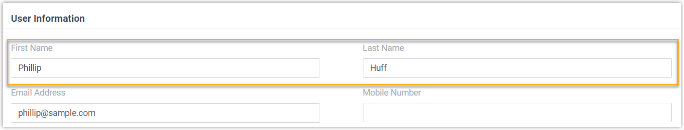 The User Information section of an extension with the first and last name fields filled in