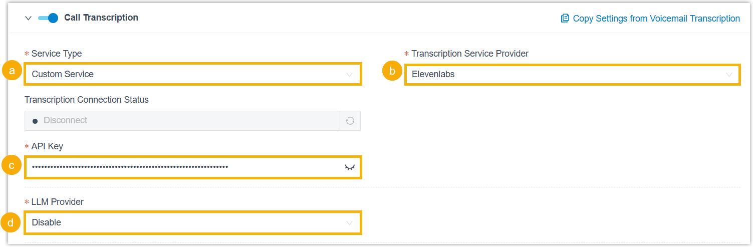 Call transcription settings using ElevenLabs in the AI Toolbox