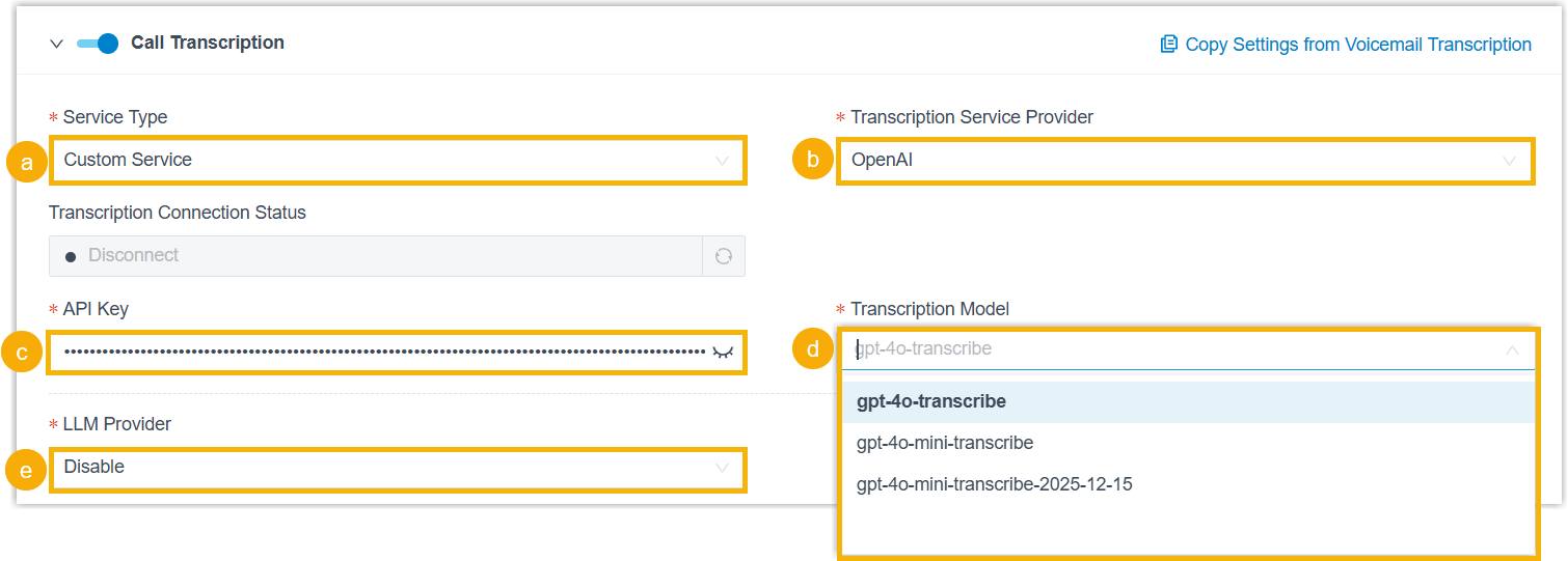 OpenAI transcription service settings in the AI Toolbox