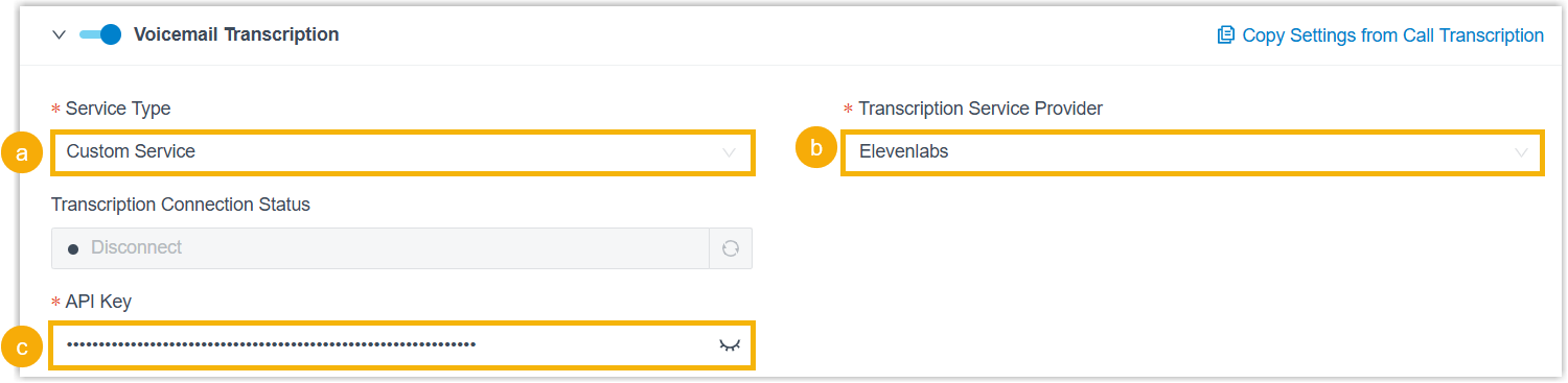 Voicemail transcription settings using ElevenLabs as the provider
