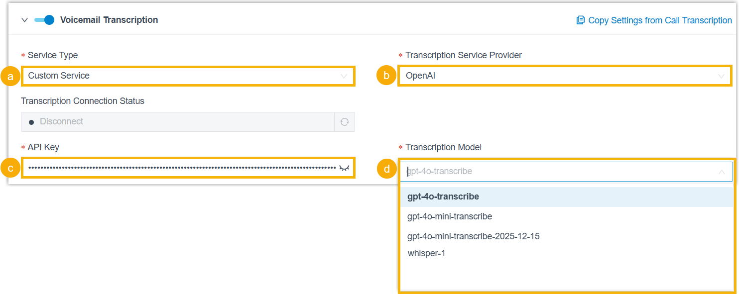 OpenAI voicemail transcription settings in the AI Toolbox