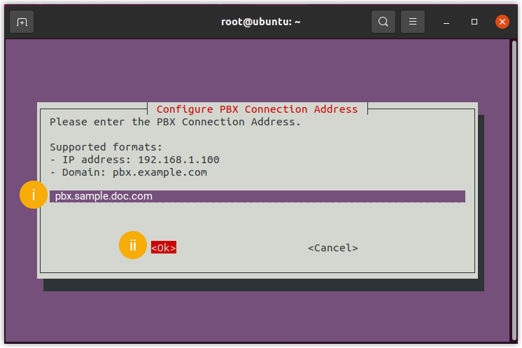 Entering the PBX connection address in the wizard