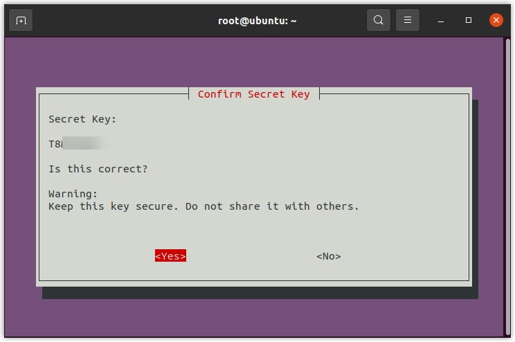Confirming the entered secret key