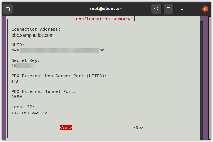 Summary of all configured connection values before applying