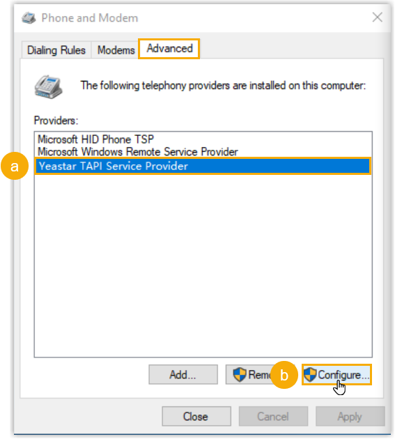 Cloud Voice, the Configure button for the TAPI service provider