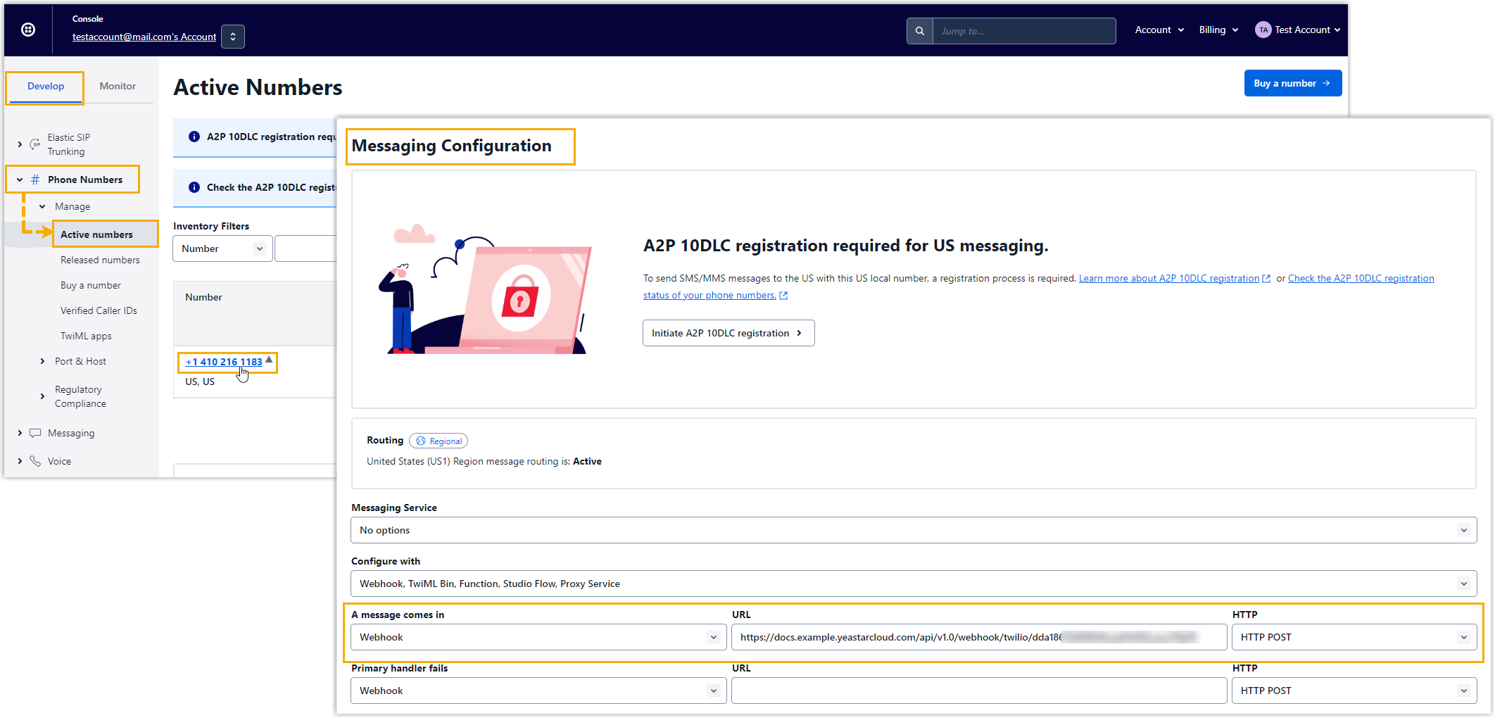 Cloud Voice, the Twilio number's messaging configuration with the webhook URL entered