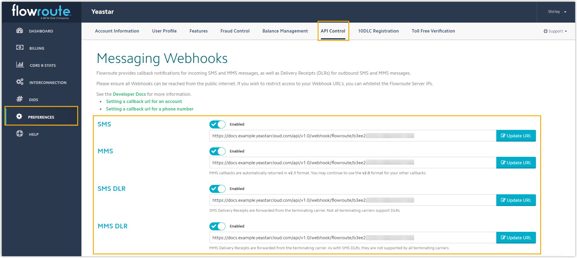 Cloud Voice, the Flowroute global messaging webhook set to the PBX webhook URL
