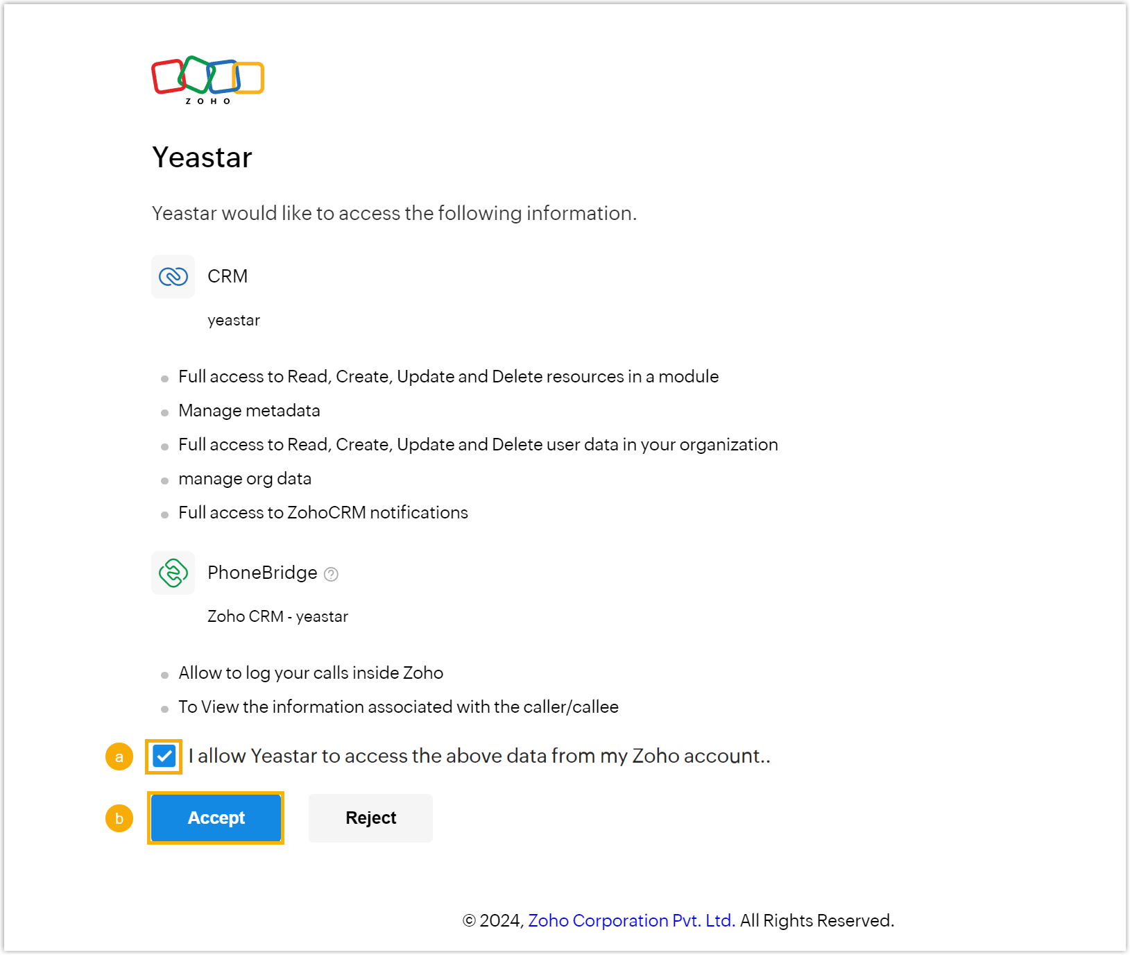 Cloud Voice, the Zoho authorization screen listing the requested access