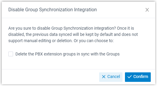 Dialog confirming that group synchronization will be turned off