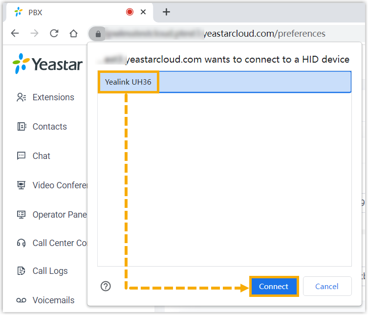 Cloud Voice, browser prompt for choosing the headset to connect