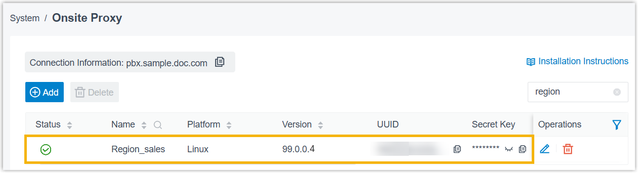 PBX listing showing the Onsite Proxy instance connected with its version and IP addresses
