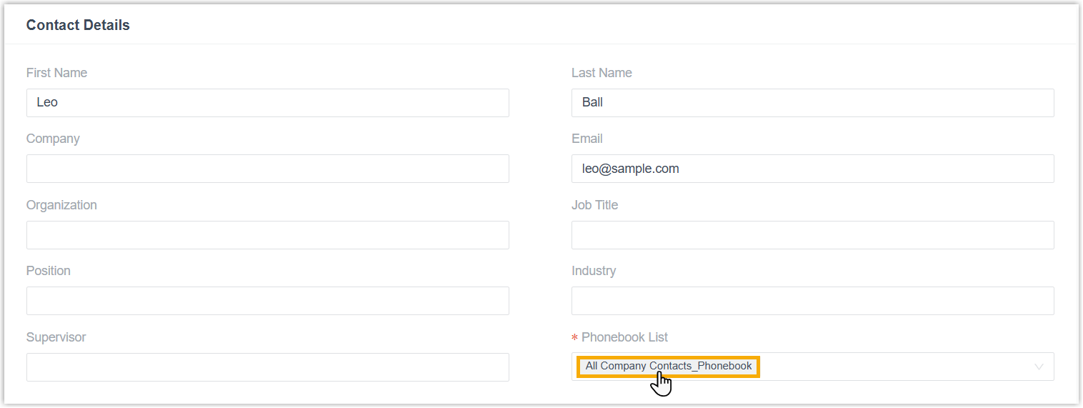 Contact detail form with name, number, and phonebook fields
