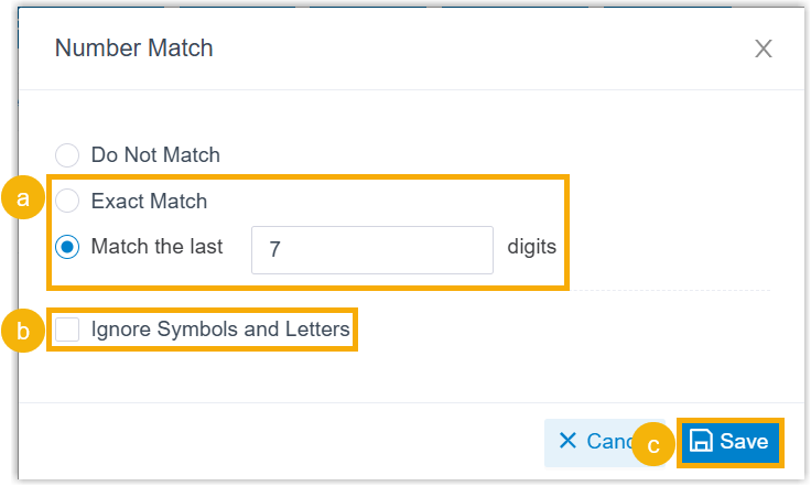 The Caller ID match settings with matching mode and ignore option