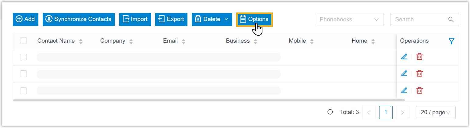 The Company Contacts page with the Options button highlighted