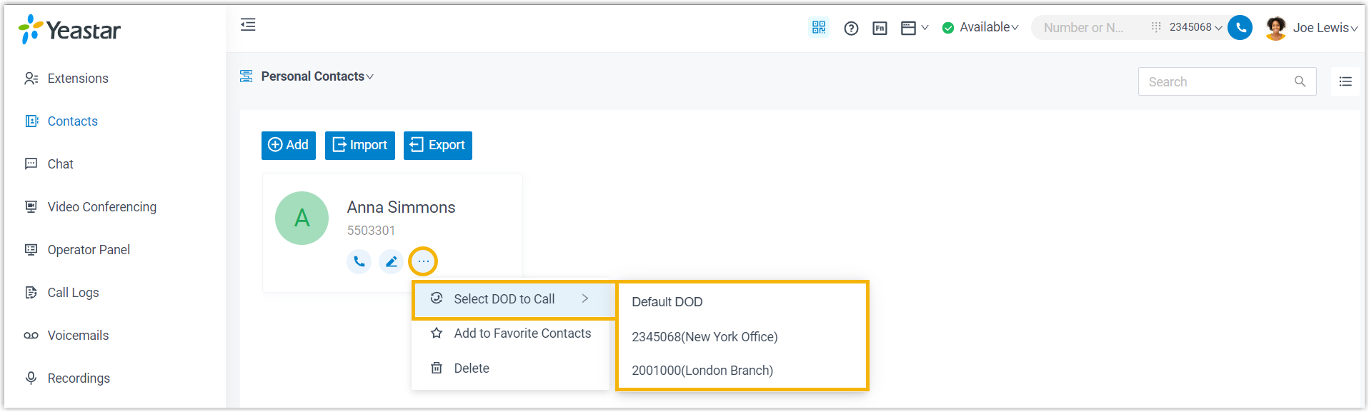 Cloud Voice, selecting a DOD to call for a contact from the more-options menu