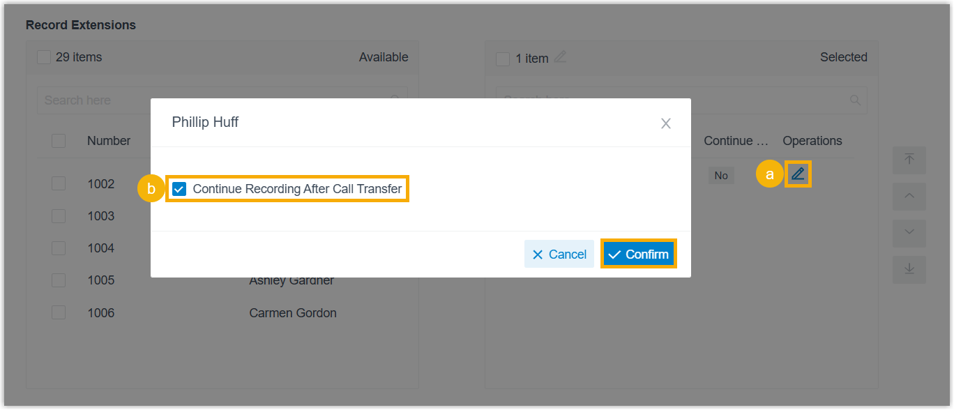 Extension dialog with Continue Recording After Call Transfer selected