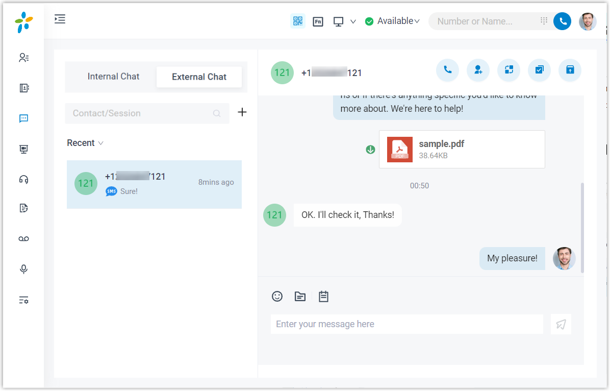 Cloud Voice App inbox showing external customer conversations grouped by channel