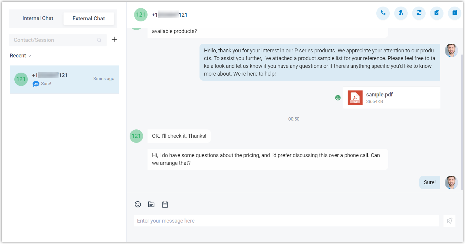 The Web Client external chat workspace with an active customer conversation open