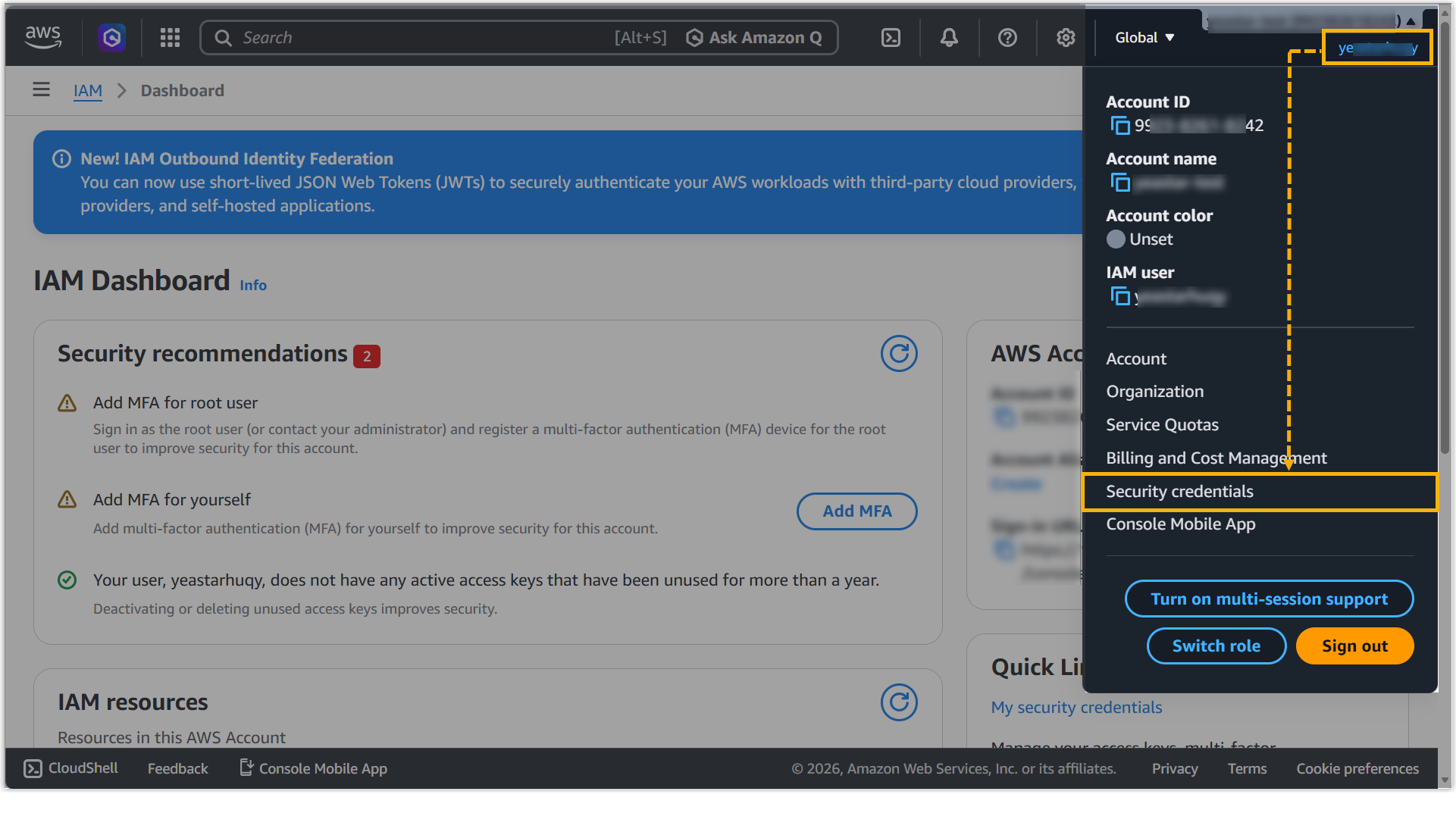 Cloud Voice, opening Security credentials from the AWS account menu