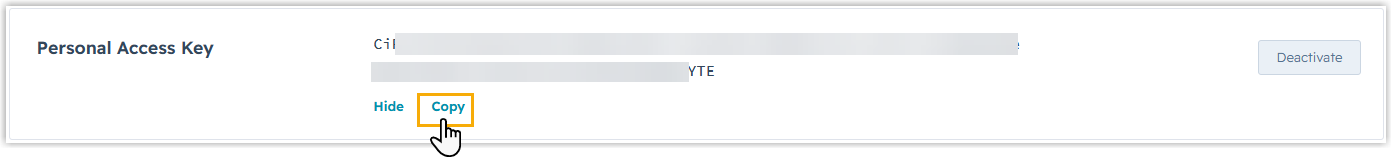 The generated personal access key ready to copy