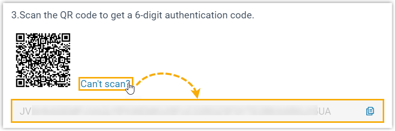 Secret key revealed beneath the QR code for manual entry