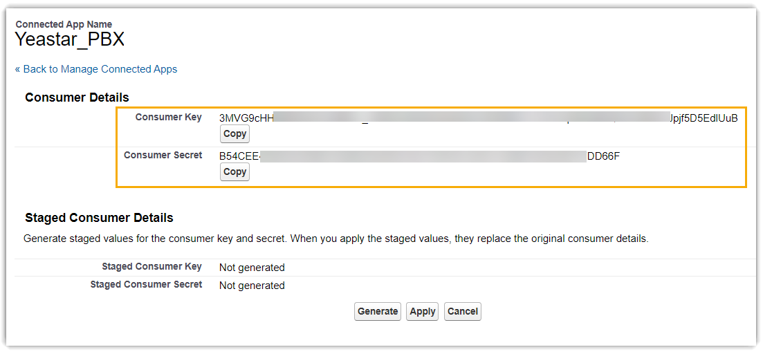 Cloud Voice, the Consumer Key and Consumer Secret values
