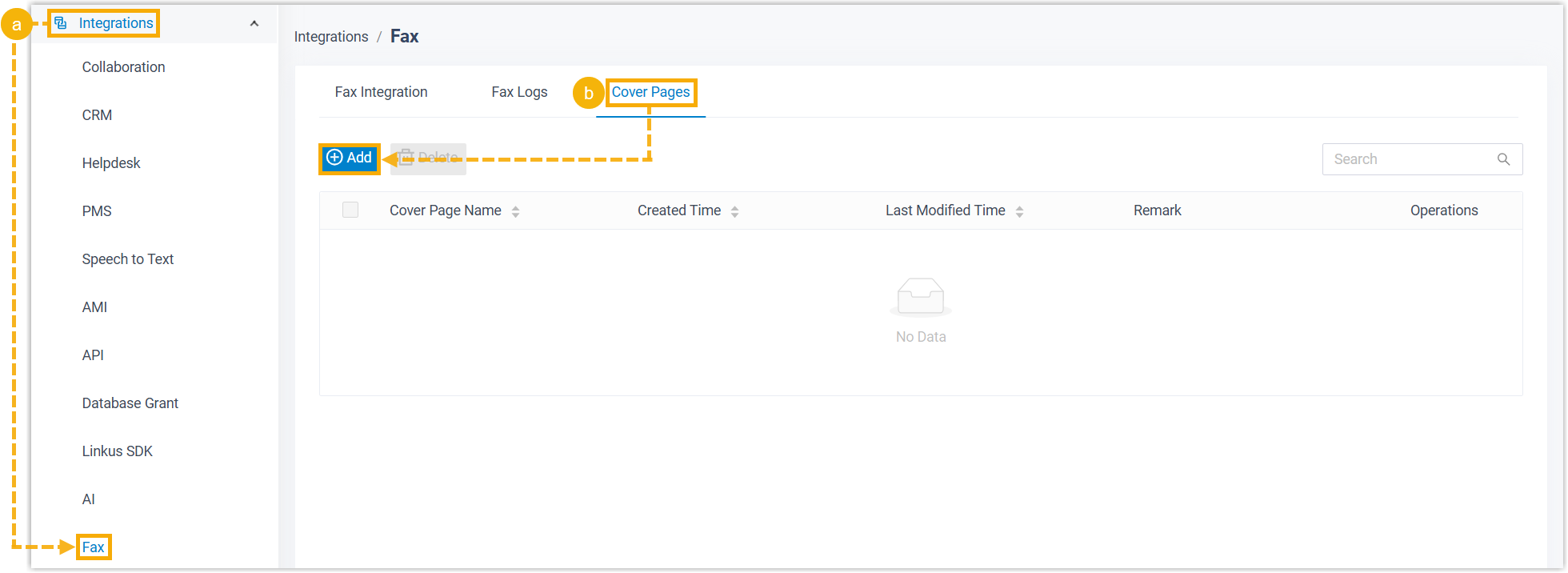 Cloud Voice, the Cover Pages tab showing existing cover pages and the Add button