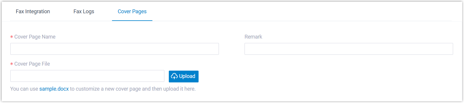 Fax cover page form showing the name, remark, and file upload fields
