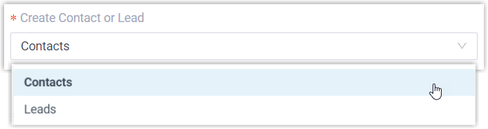 Drop-down menu for choosing whether a new number is stored as a contact or a lead