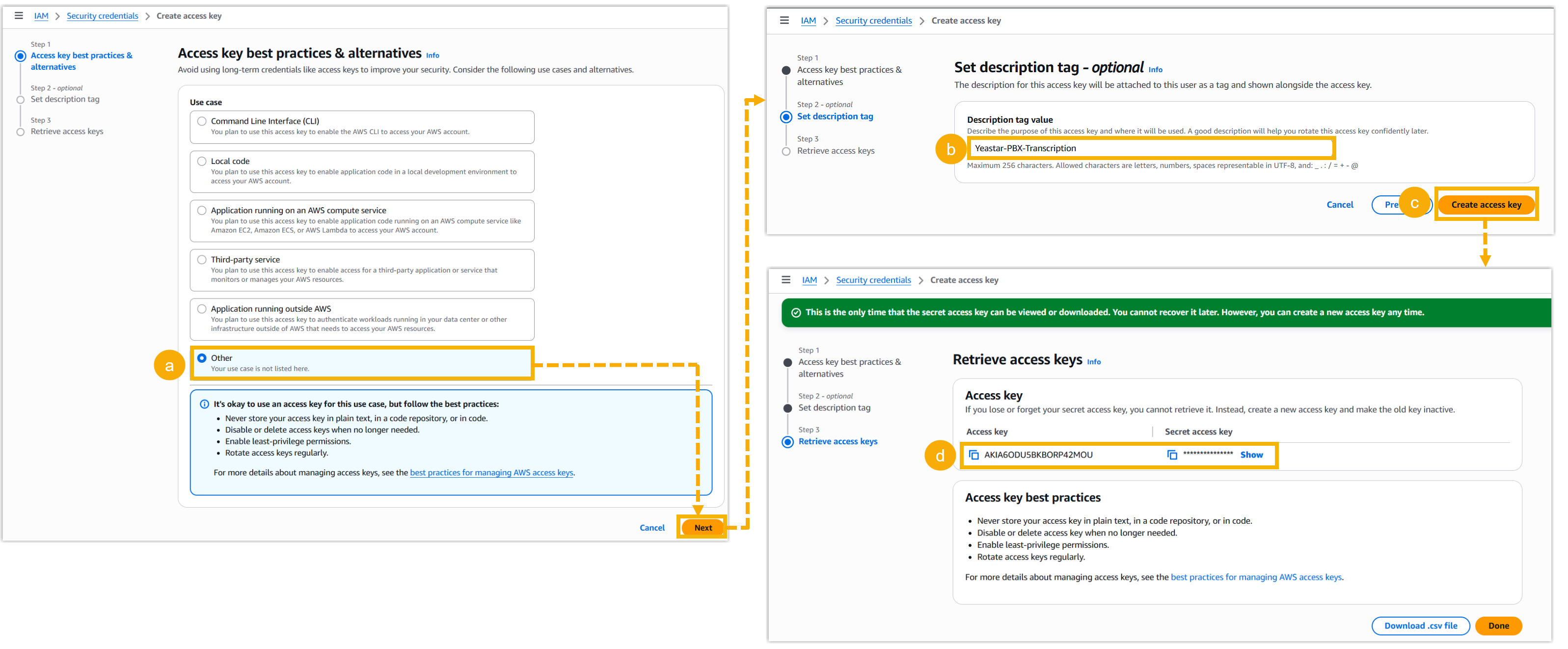Cloud Voice, the AWS create access key workflow