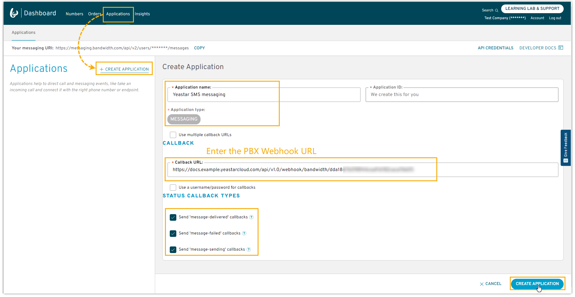 Cloud Voice, creating a Bandwidth application with the PBX webhook set as the callback