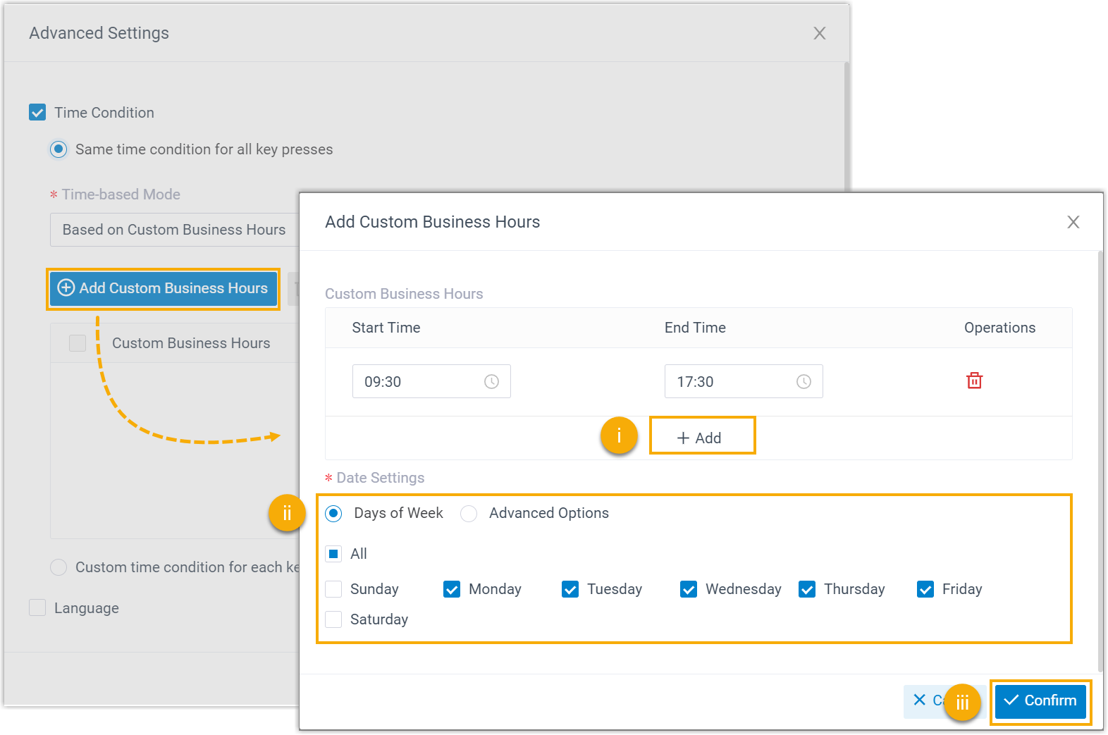 Building a custom business-hours schedule with start and end times and workdays
