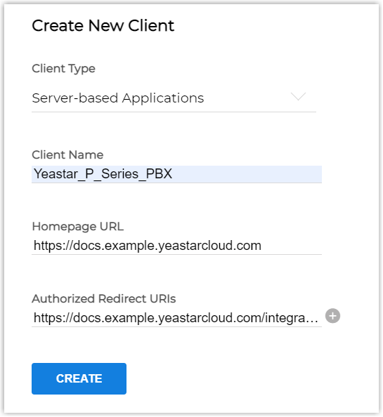 Cloud Voice, Create New Client form in the Zoho API Console