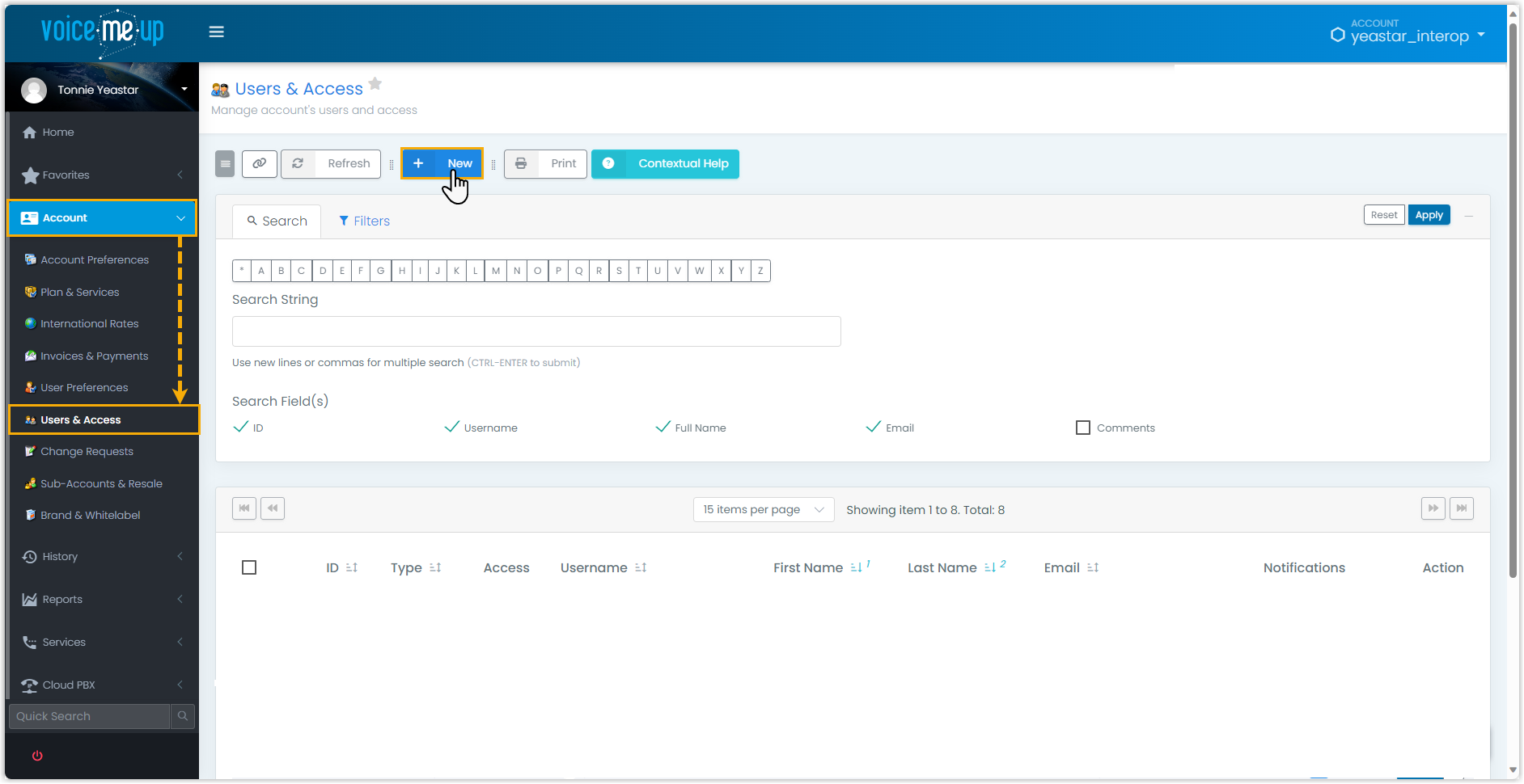 Cloud Voice, creating a new user account in the VoiceMeUp portal