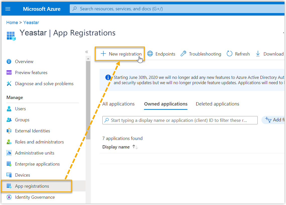 The App registrations page with New registration selected
