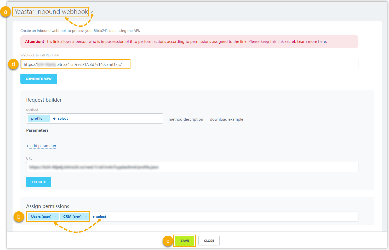 Cloud Voice, inbound webhook configuration page with the name, permissions, and REST API URL fields