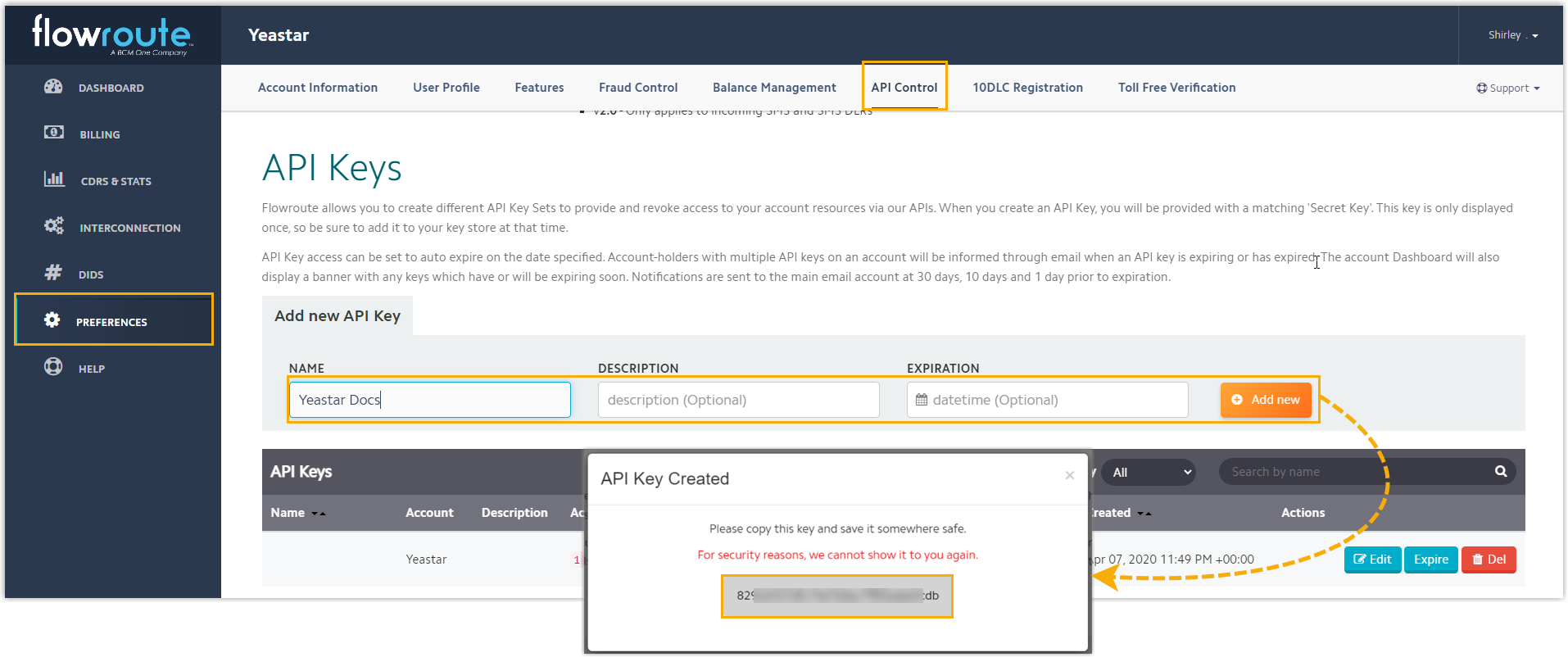 Cloud Voice, the Flowroute dialog for creating a new API key
