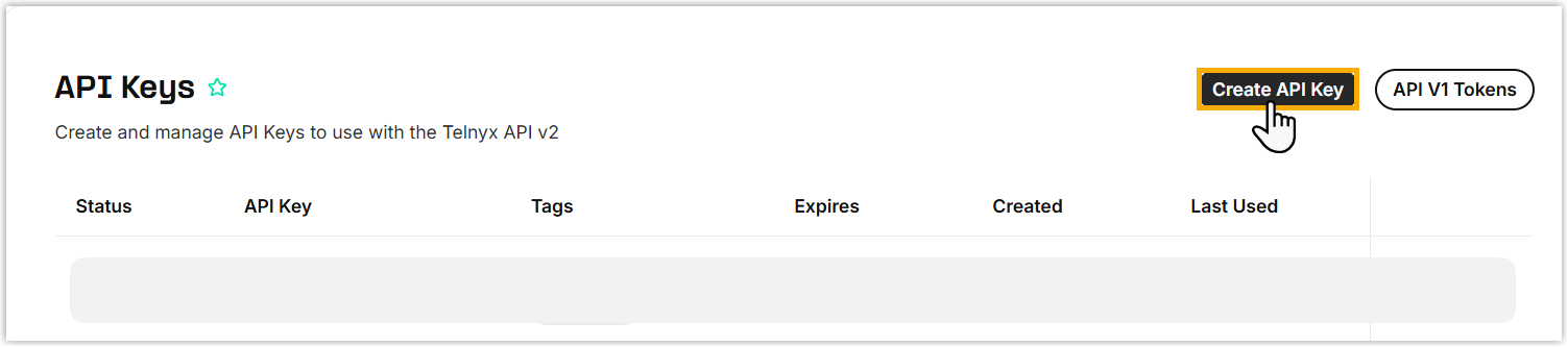 Telnyx API keys list with the Create API Key button