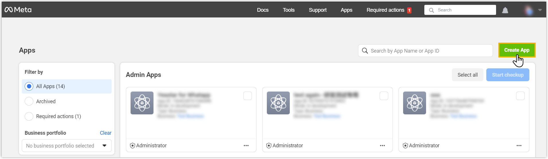 Create App button on the My Apps page