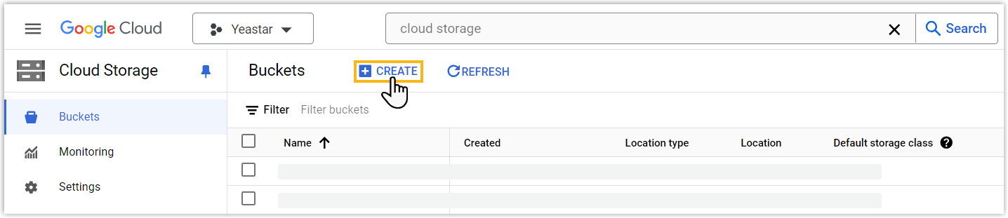 The Create button on the Cloud Storage buckets page