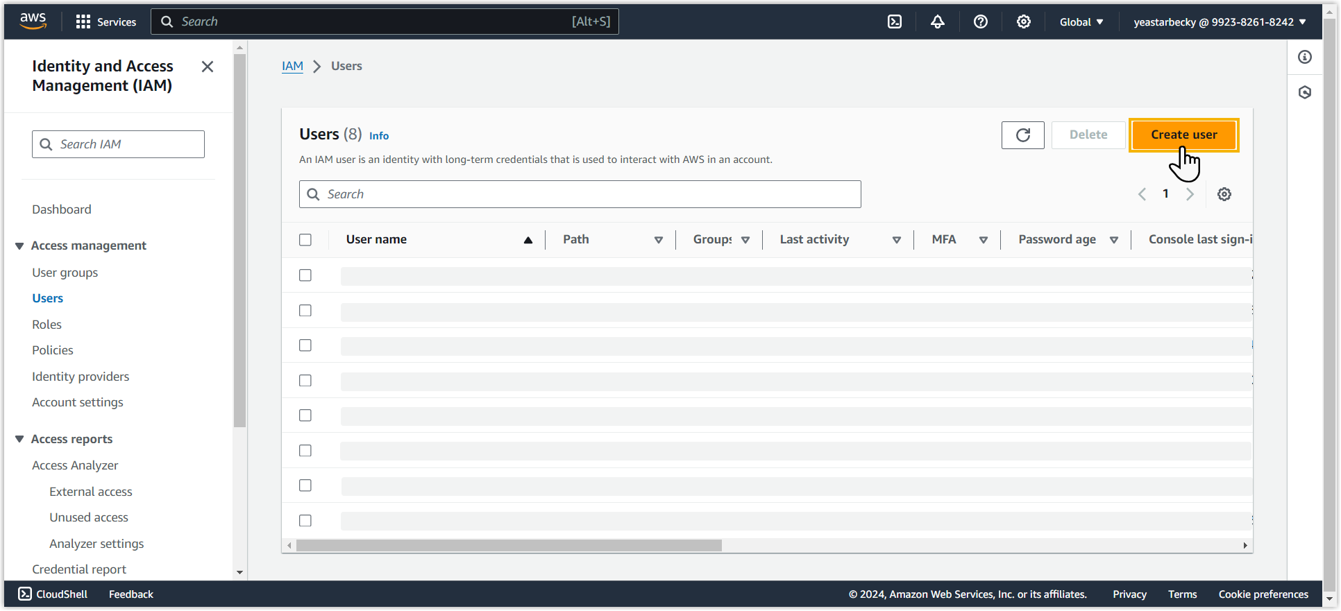 Cloud Voice, the Create user button on the IAM users page