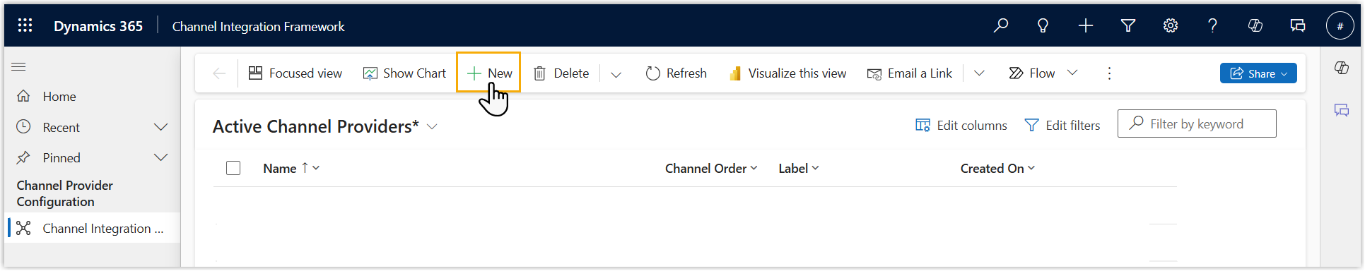Channel Integration Framework toolbar with the New button