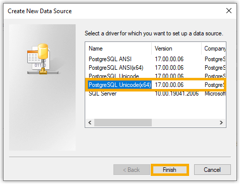 Driver selection dialog listing the PostgreSQL Unicode driver