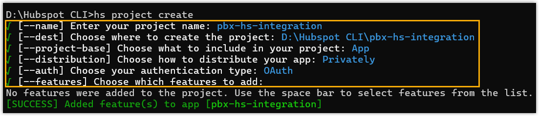 The terminal prompts for setting up a new HubSpot project