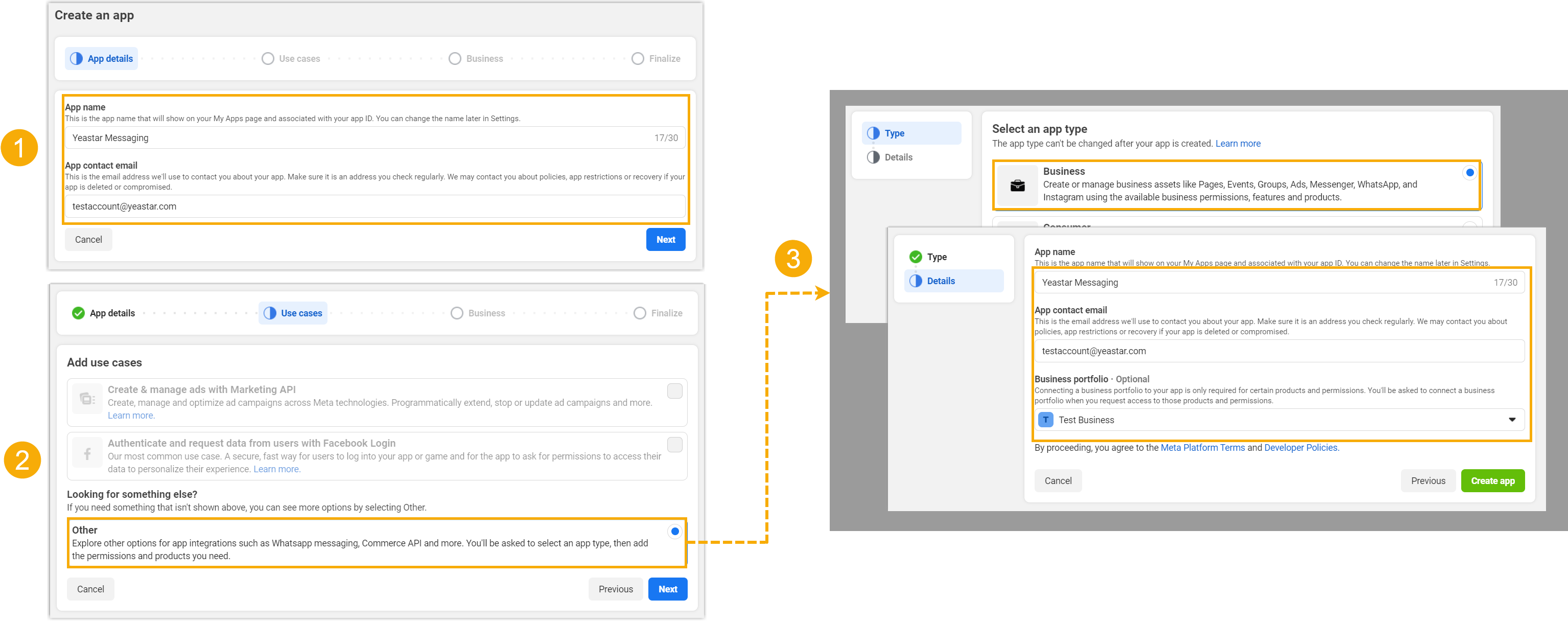 Cloud Voice, app details form with the app name and Business Portfolio fields completed