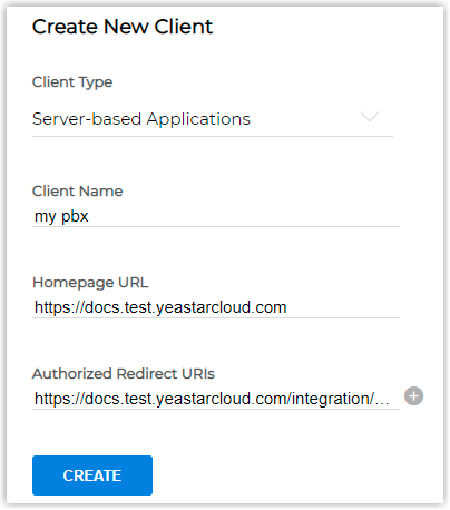Cloud Voice, completing the Create New Client form in Zoho