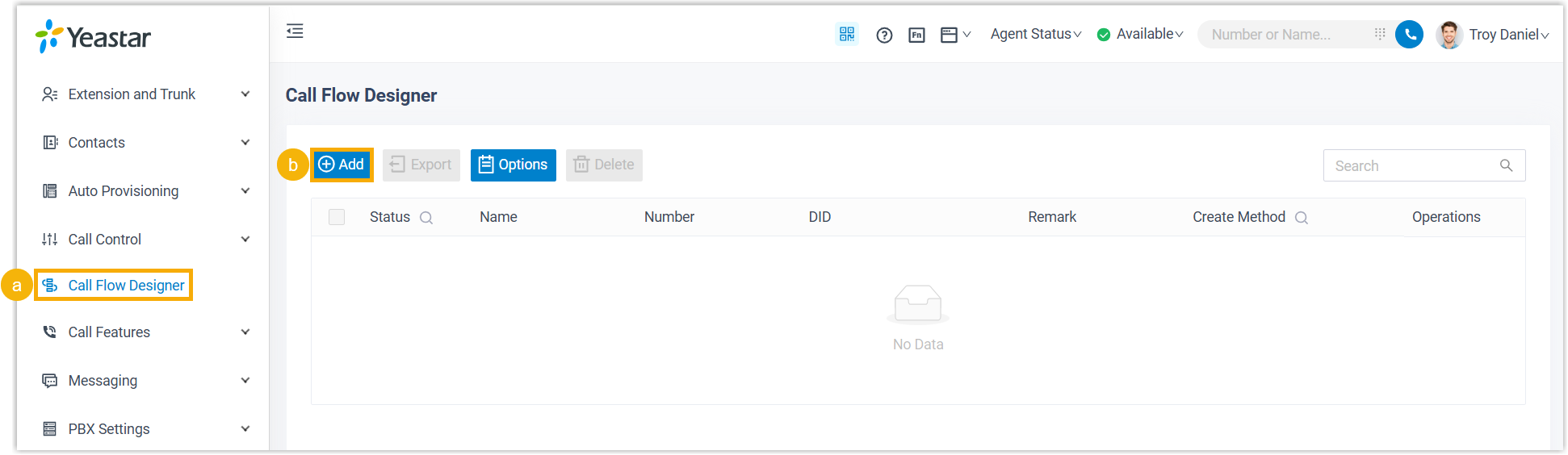 Cloud Voice, the Call Flow Designer list with the Add button