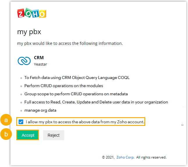 Cloud Voice, accepting the Zoho data access request